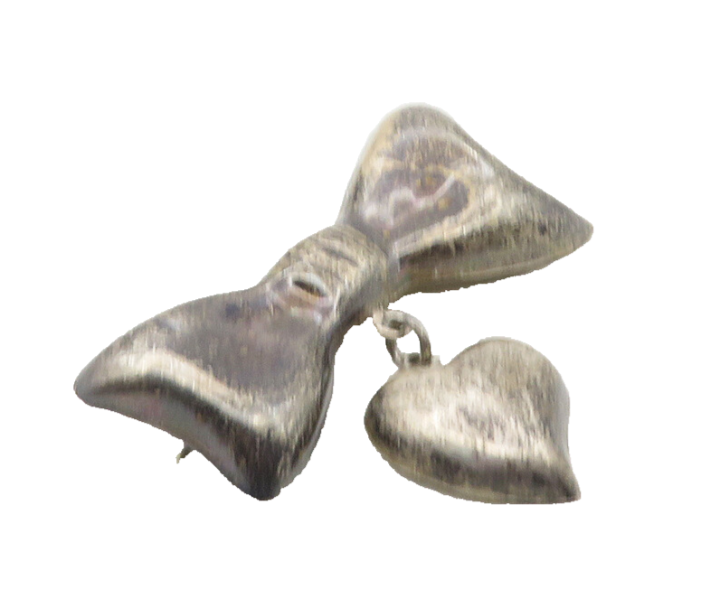 MEXICO 925 Sterling Silver  Vintage Dark Tone Ribbon Heart Brooch Pin  BP3996