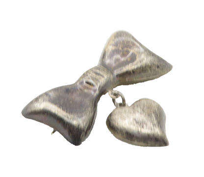 MEXICO 925 Sterling Silver  Vintage Dark Tone Ribbon Heart Brooch Pin  BP3996