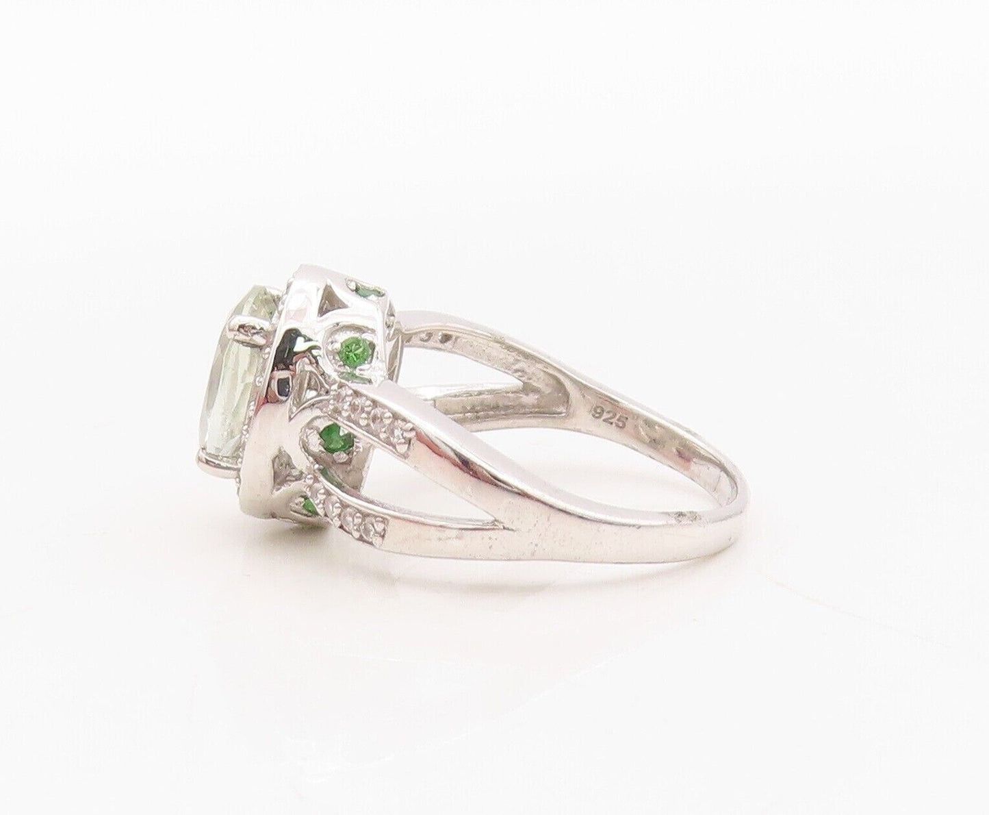 925 Sterling Silver Vintage Ring Split Band Green & White Topaz  Sz 7  RG29933