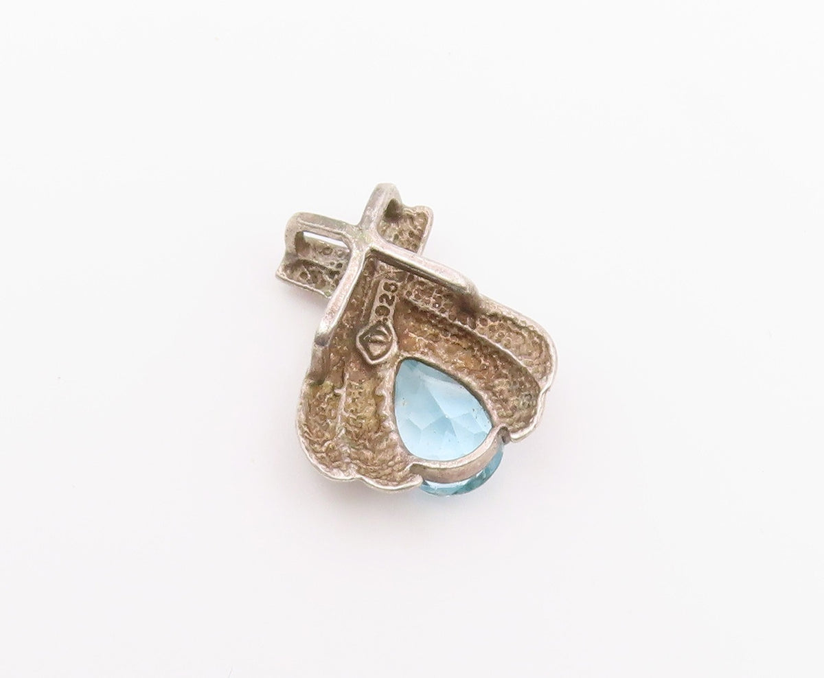 925 Sterling Silver  Vintage Prong Set Tear Drop Blue Topaz Pendant  PT16958