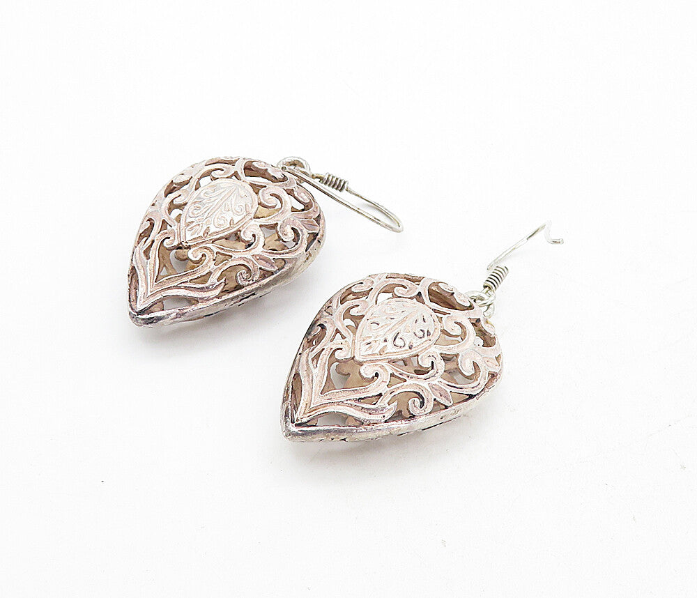 925 Sterling Silver  Vintage Open Love Heart Swirl Tear Drop Earrings  EG3980