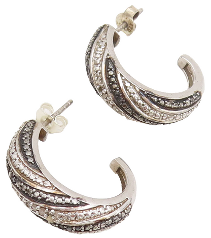 925 Sterling Silver Vintage Black & White Diamonds Half Hoop Earrings  EG12520