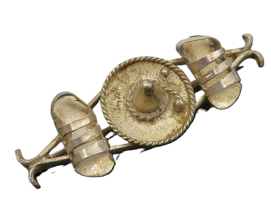 925 Sterling Silver  Vintage Antique Sombrero Hat & Sandals Brooch Pin  BP4535