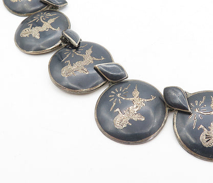 SIAM 925 Sterling Silver  Vintage Enamel Niello Dancer Chain Necklace  NE1379