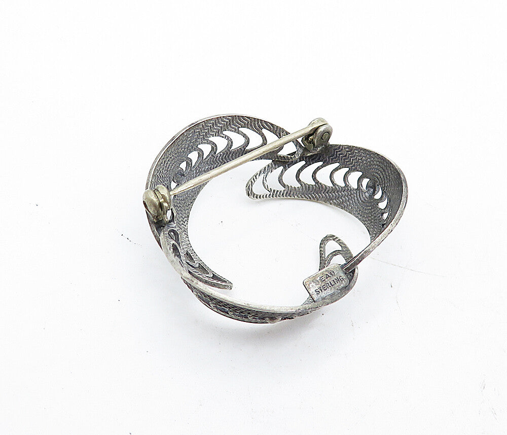 BEAU 925 Sterling Silver Vintage Dark Tone Twist Filigree Brooch Pin BP1970