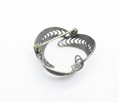 BEAU 925 Sterling Silver Vintage Dark Tone Twist Filigree Brooch Pin BP1970