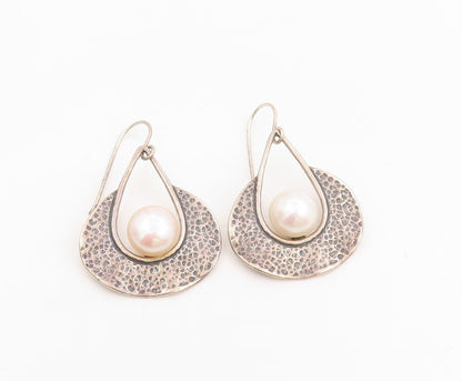 925 Sterling Silver Vintage Earrings SHABLOOL ISRAEL Round Pearl Dangle  EG13792