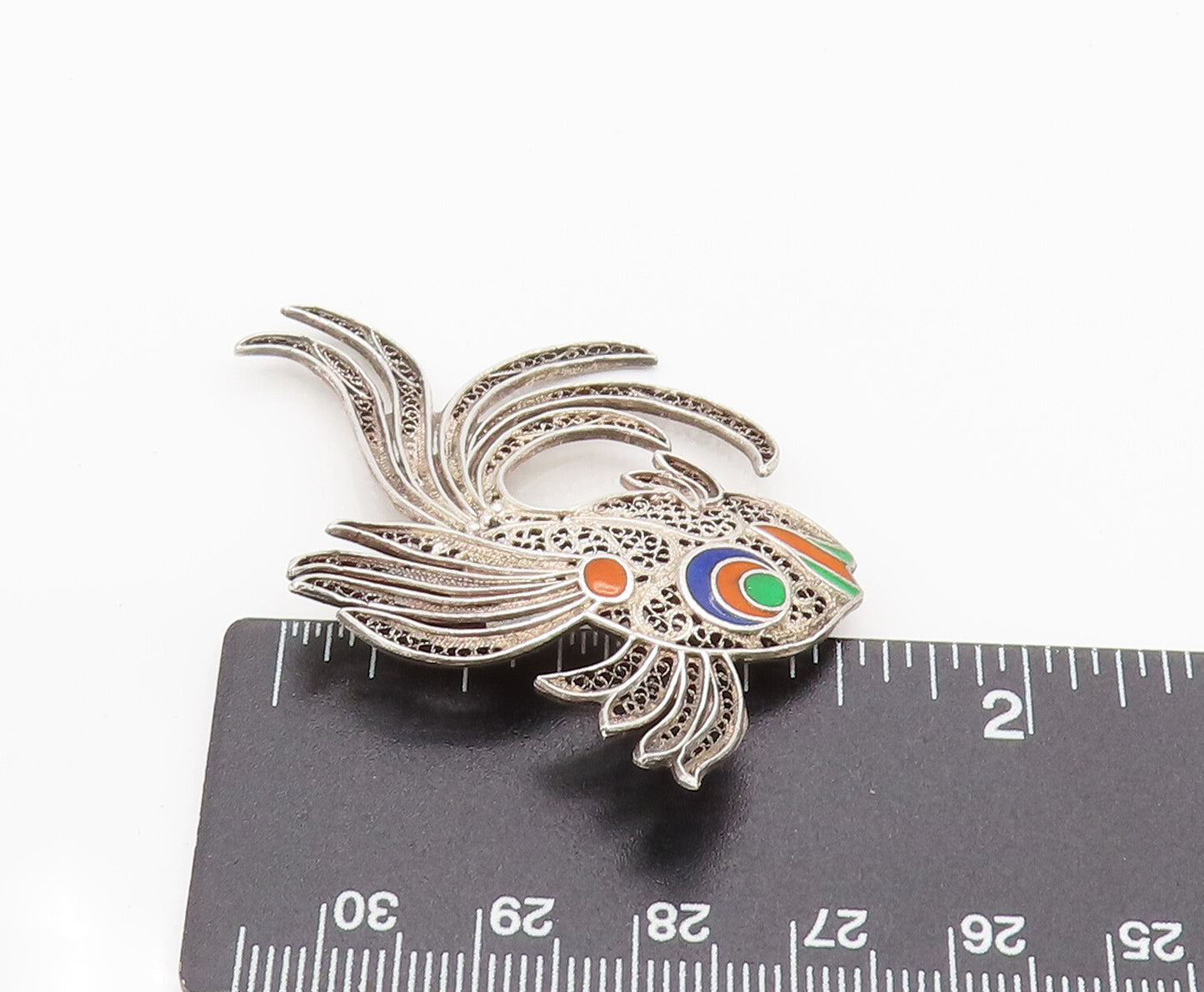 925 Sterling Silver Vintage Enamel & Filigree Detailed Fish Brooch Pin BP10107
