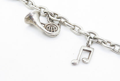 925 Sterling Silver  Vintage Musical Instrument Charmed Chain Bracelet  BT1973