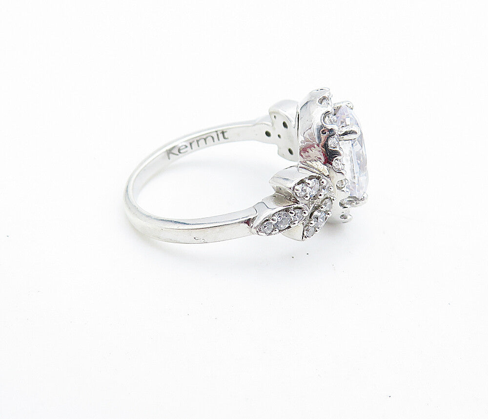 KERMIT 925 Silver  Cubic Zirconia Solitaire With Accents Ring Sz 6  RG7062