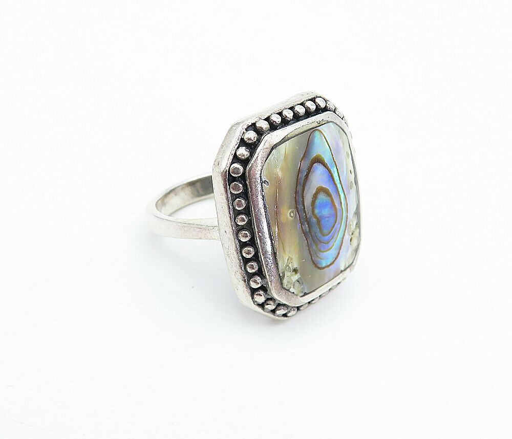 925 Sterling Silver  Vintage Abalone Shell Square Cocktail Ring Sz 6.5  RG4019