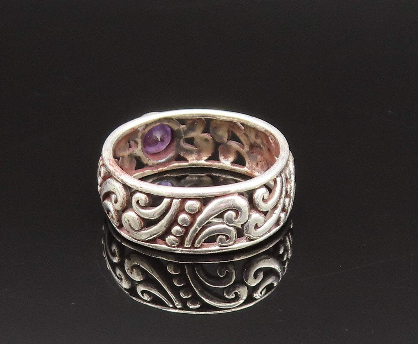 925 Sterling Silver  Vintage Scroll Swirl Amethyst Band Ring Sz 8  RG25510
