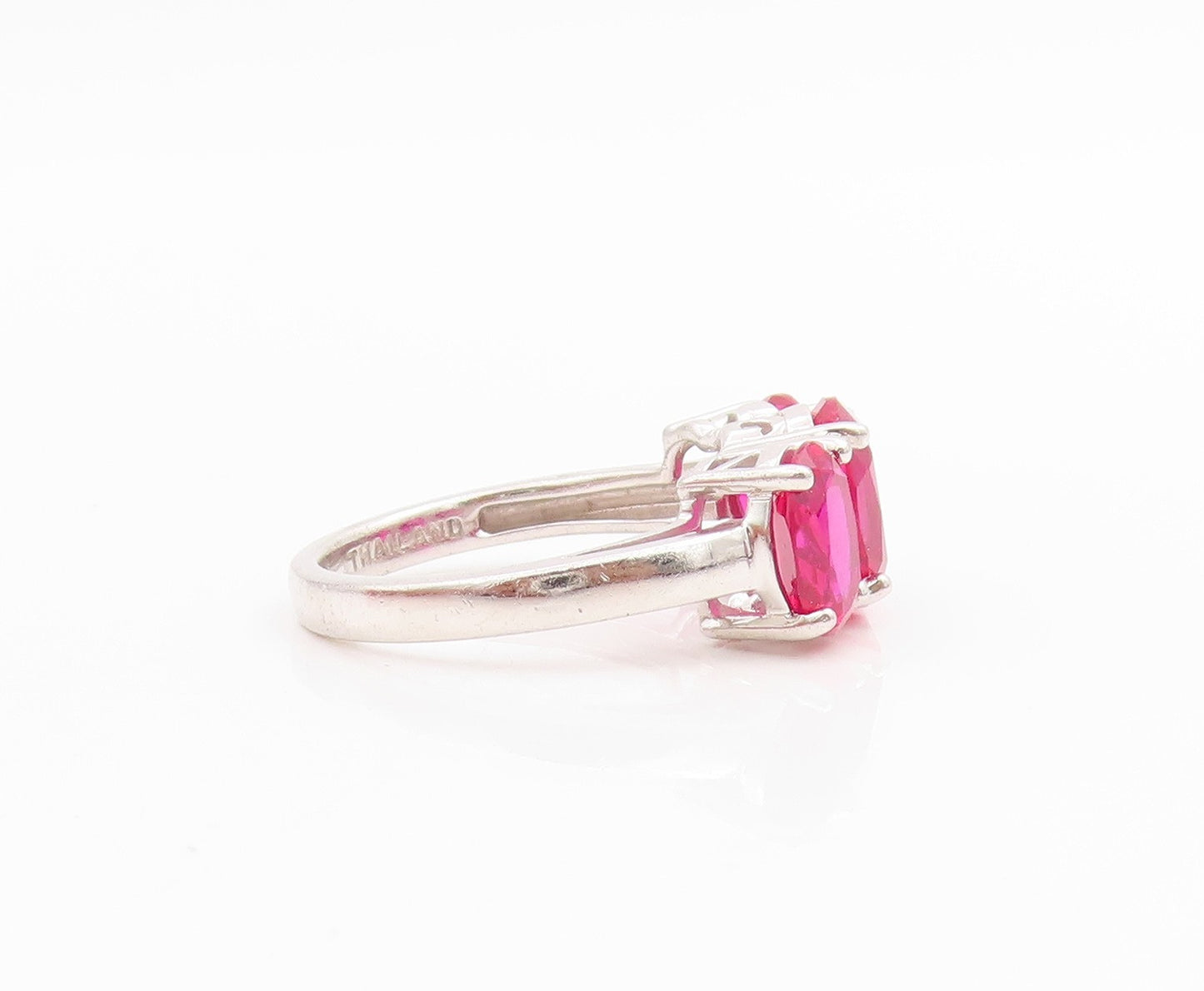 925 Sterling Silver Vintage Ring Three Stone Pink CZ Statement Band Sz 7 RG33852