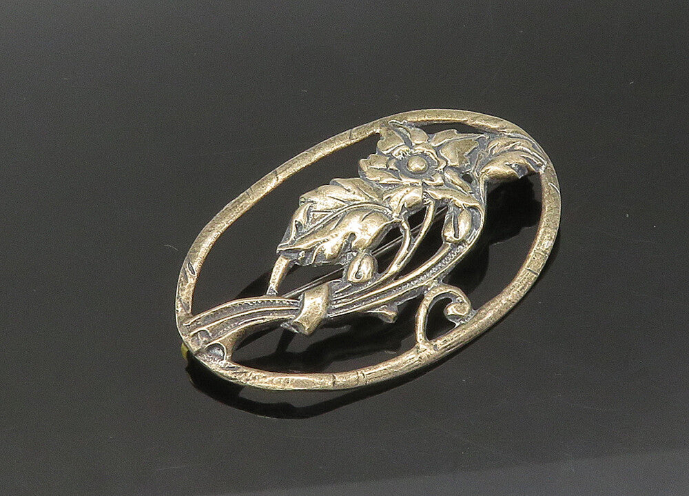 925 Sterling Silver  Vintage Dark Tone Floral Motif Oval Brooch Pin  BP8650