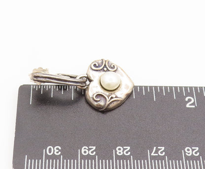 SHABLOOL ISRAEL 925 Silver  Vintage Solid Hear Carved Pearl Earrings  EG12539