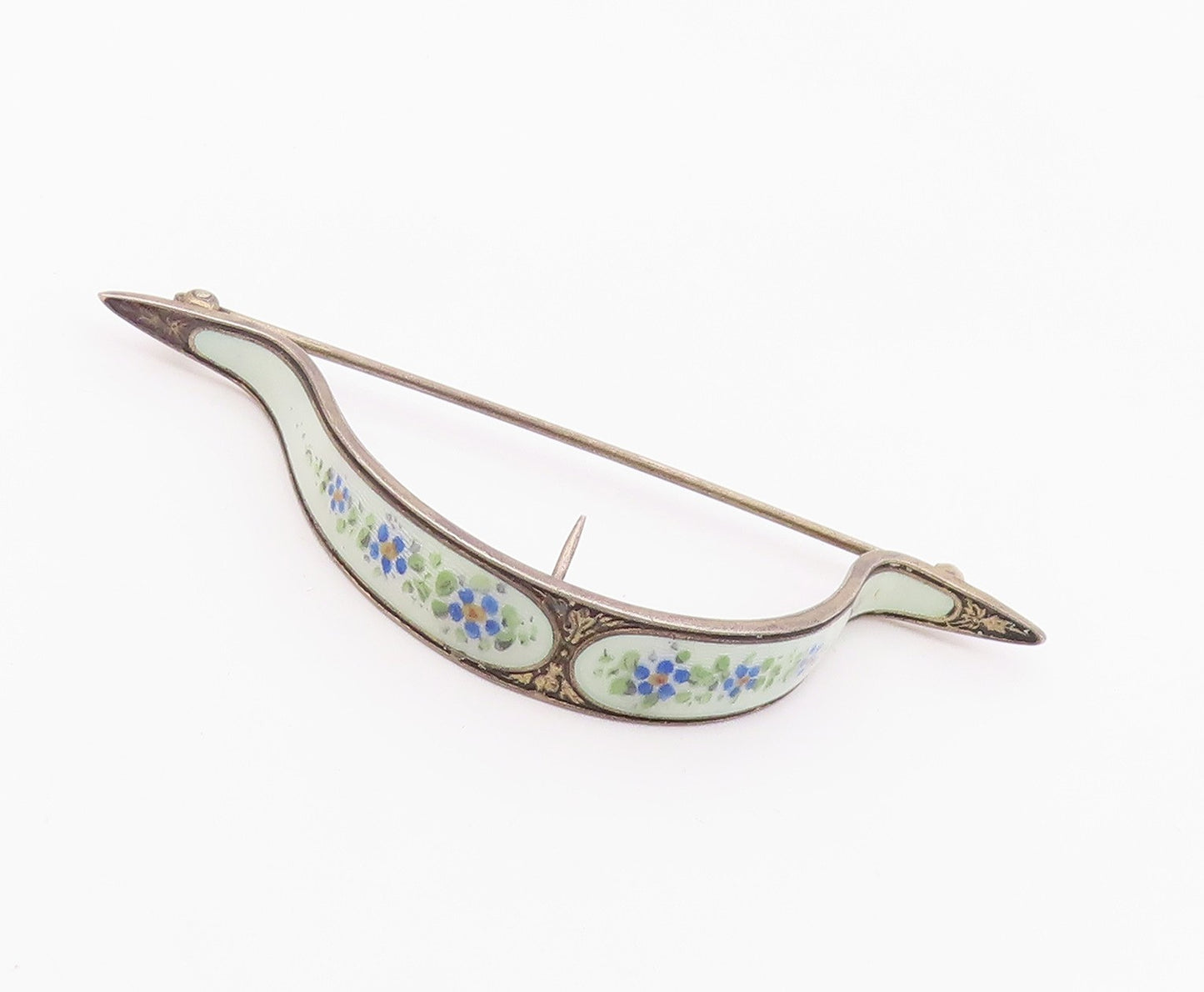 RB CO. 925 Sterling Silver  Vintage Enamel Floral Curved Clip Pin   TR3189