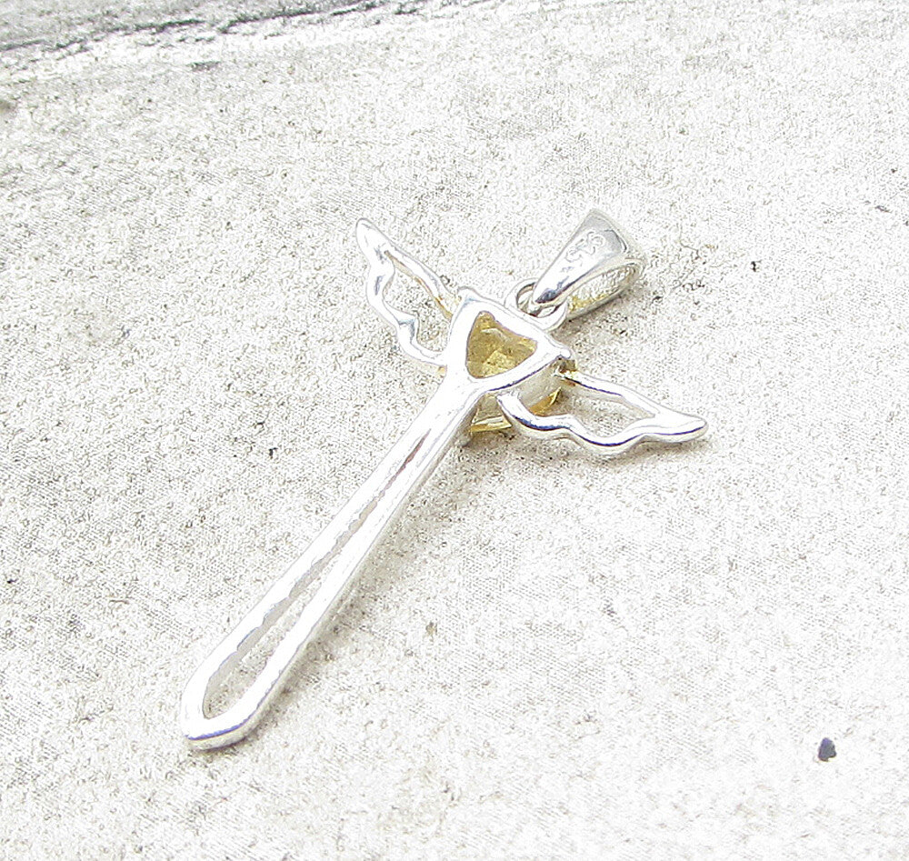 925 Sterling Silver  Faceted Citrine Love Heart Cross Drop Pendant  PT1124
