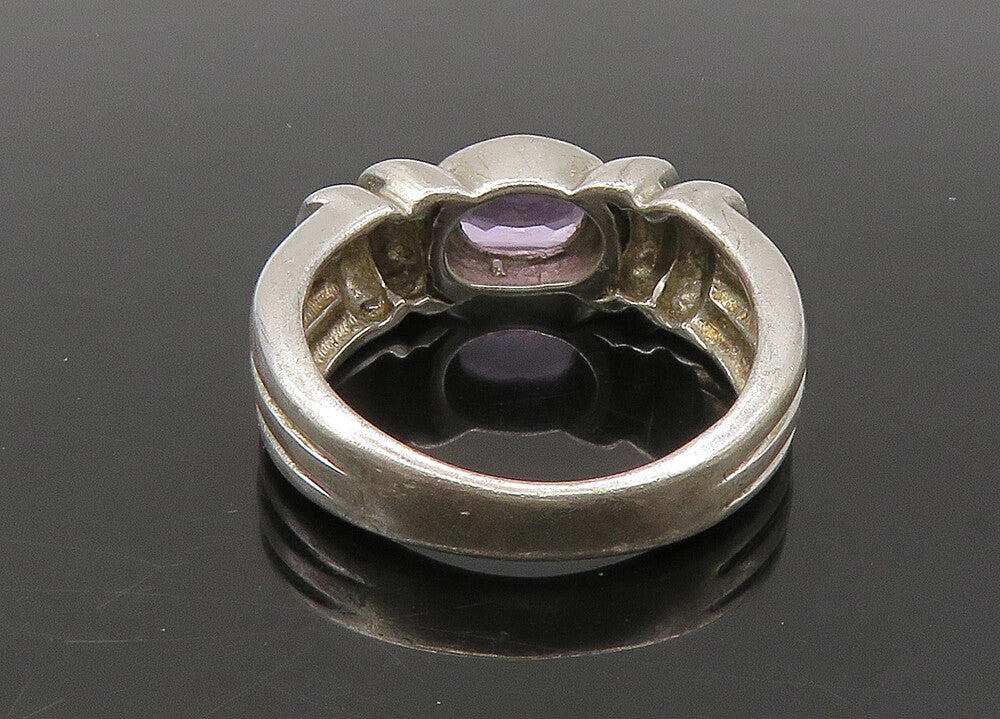 925 Sterling Silver  Vintage Faceted Amethyst Ribbed Band Ring Sz 7  RG21923
