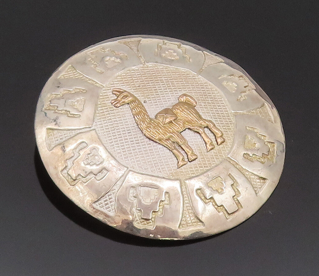 18k Gold 925 Sterling Silver Vintage Brooch Pin Carved Peruvian Llama  BP10685