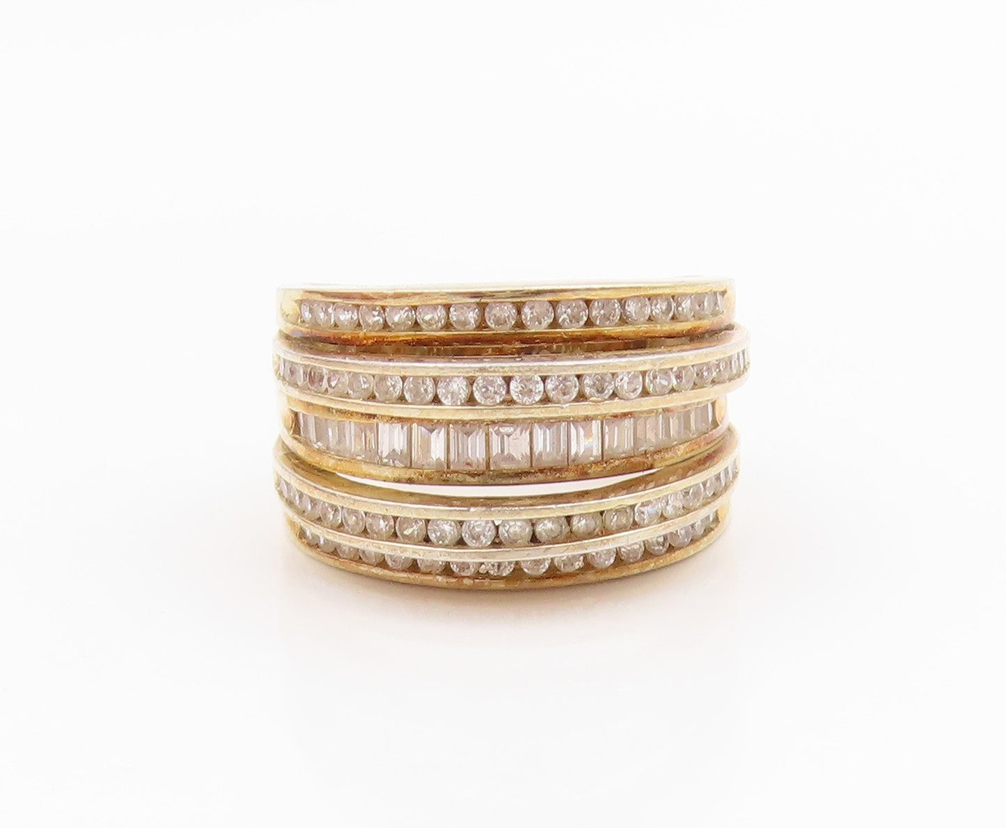 925 Sterling Silver Vintage Ring Gold Plated Multirow CZ Wide Band Sz 7 RG35689