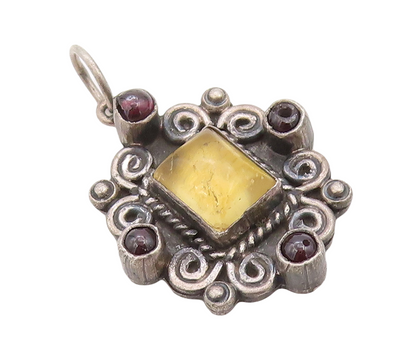 925 Sterling Silver Vintage Pendant Dark Tone Swirly Carved Citrine  PT23553