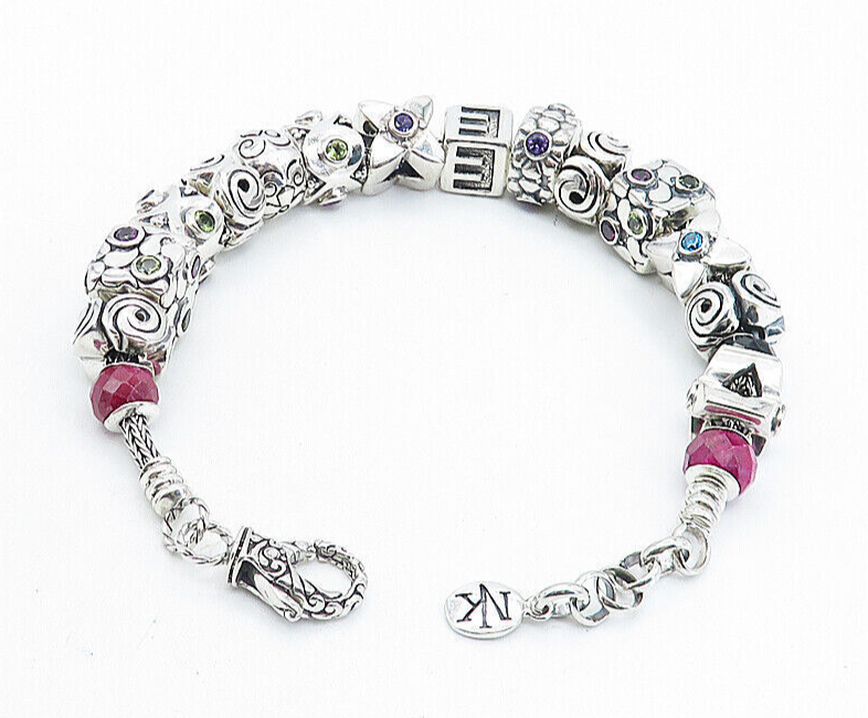 925 Sterling Silver & 18K GOLD Vintage Multi Gemstone Chain Bracelet BT3014