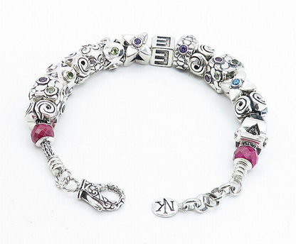 925 Sterling Silver & 18K GOLD Vintage Multi Gemstone Chain Bracelet BT3014