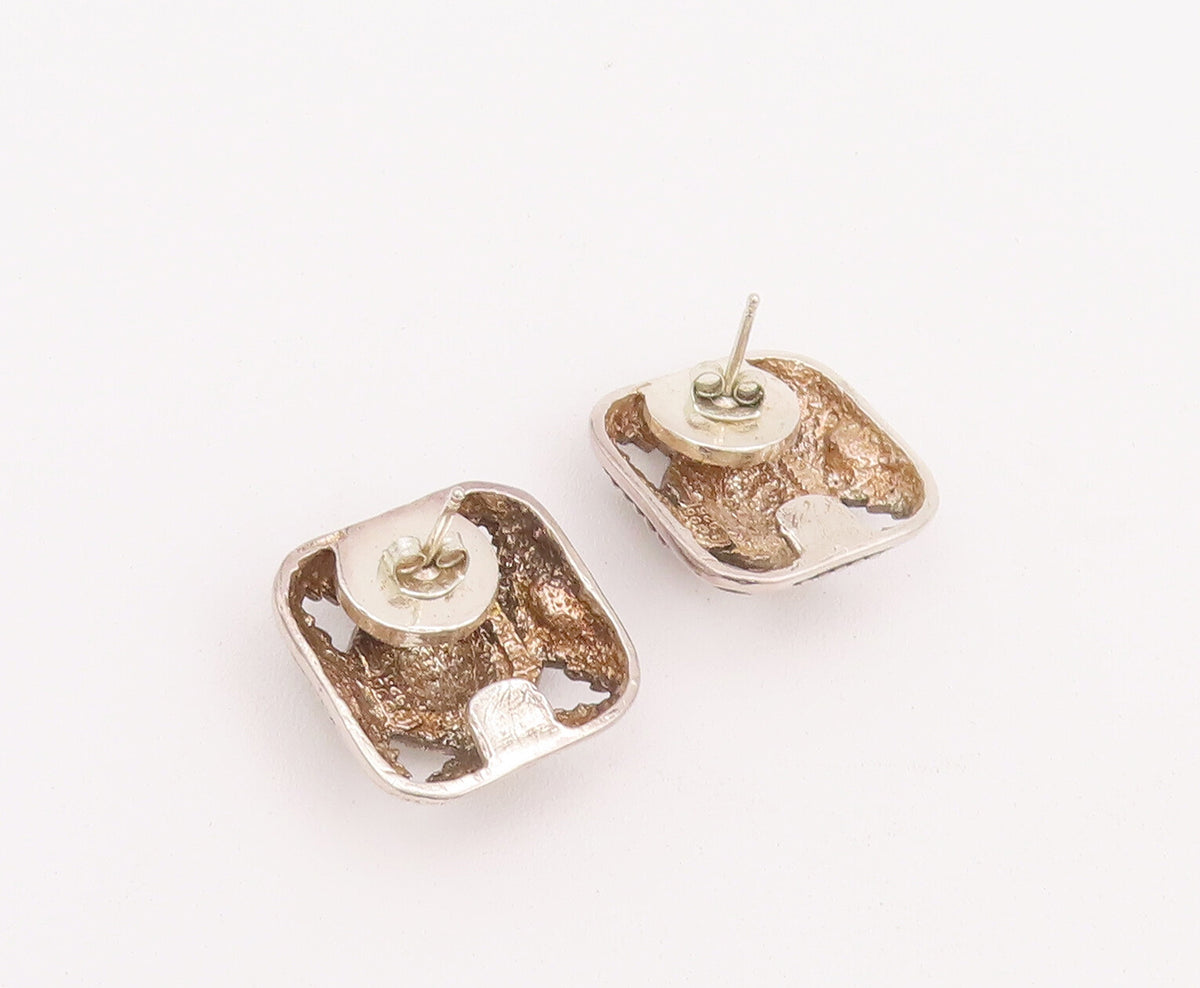 14k Gold 925 Sterling Silver Vintage Earrings CAROL FELLY Square Etched EG12928