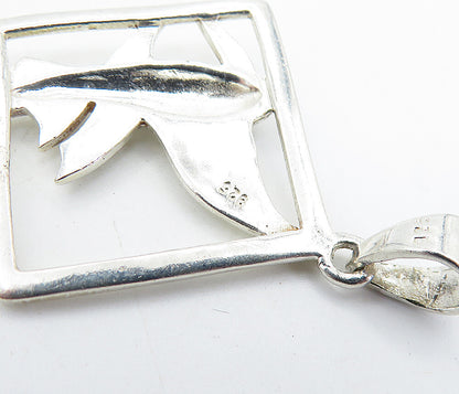 925 Sterling Silver  Vintage Shiny Fish Motif Open Square Drop Pendant  PT4911