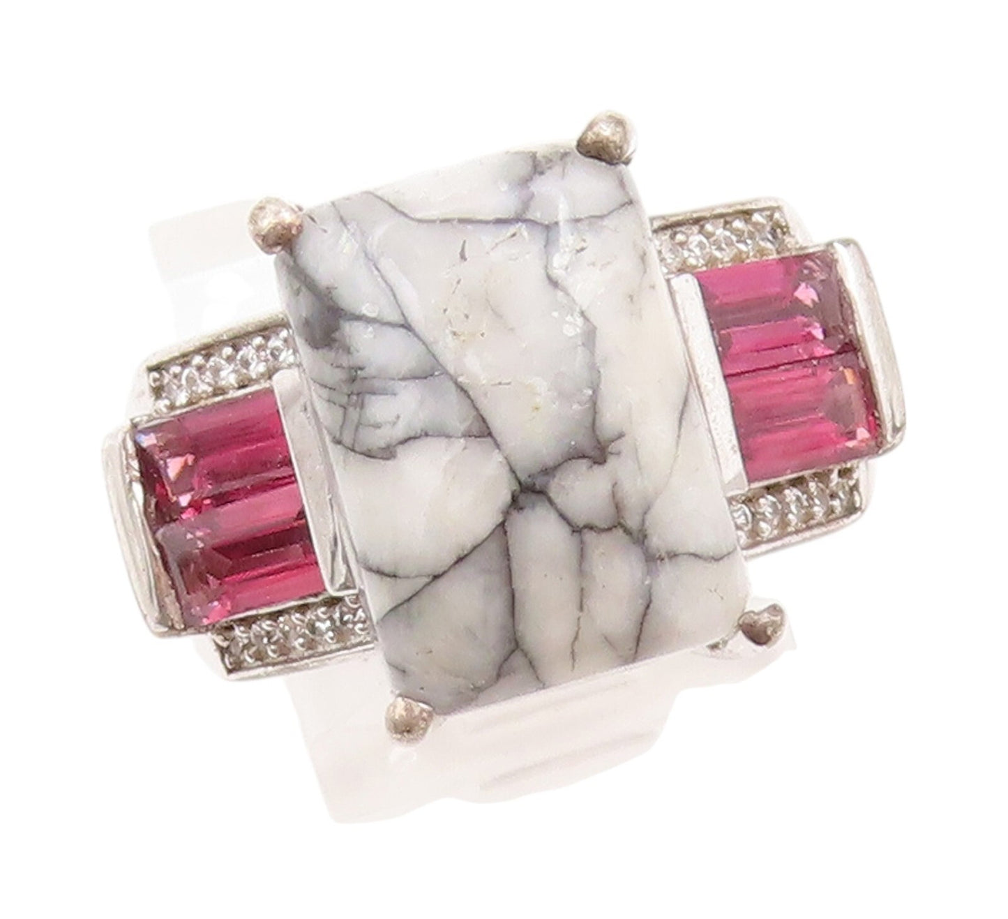 925 Sterling Silver Vintage Ring Rectangle Marble White & Pink CZ  Sz 8  RG31886
