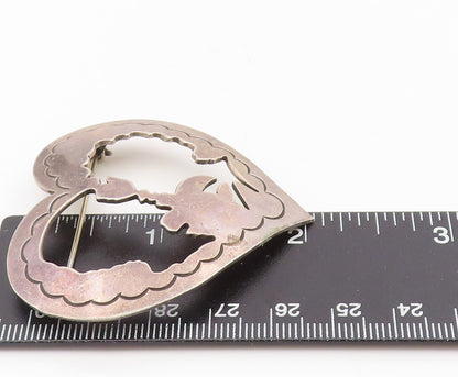 925 Sterling Silver Vintage Brooch MEXICO Cutout Couple In Love Heart  BP12134