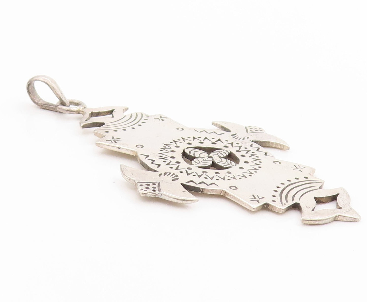 925 Sterling Silver Vintage Pendant Etched Patterns Of Tribal Symbols  PT24828