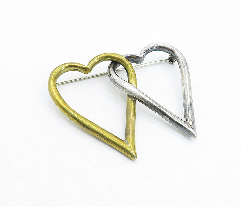 925 Sterling Silver  Vintage Shiny 2 Tone Open Love Hearts Brooch Pin  BP2245