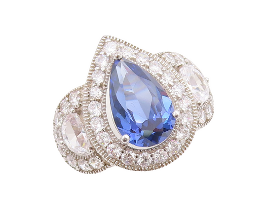 925 Sterling Silver Vintage Ring Drop Cut Sapphire Halo CZ Inlay  Sz 7  RG30657