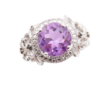 925 Sterling Silver Vintage Ring Swirly Carved Round Cut Amethyst  Sz 9  RG31387