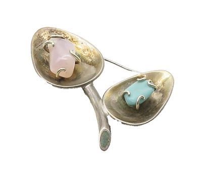 LOS CASTILO 925 Silver  Vintage Rose Quartz & Turquoise Brooch Pin  BP6461