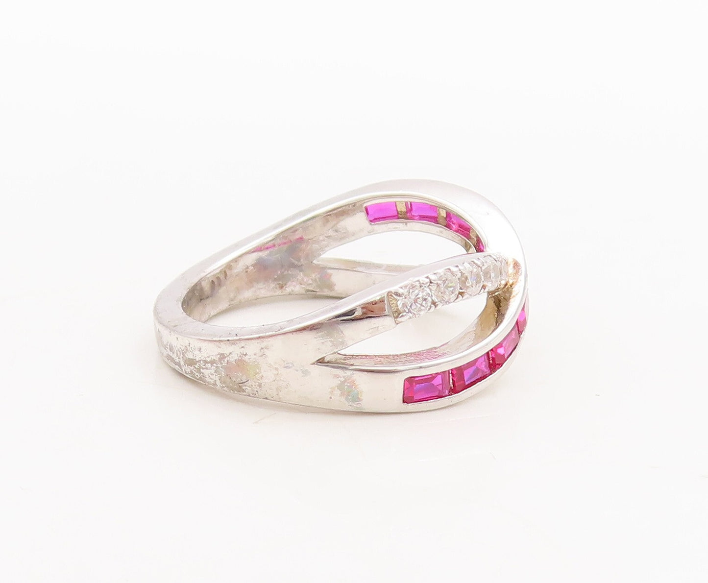 925 Sterling Silver Vintage Ring X Shape Cutout Pink & White Topaz Sz 7  RG29741