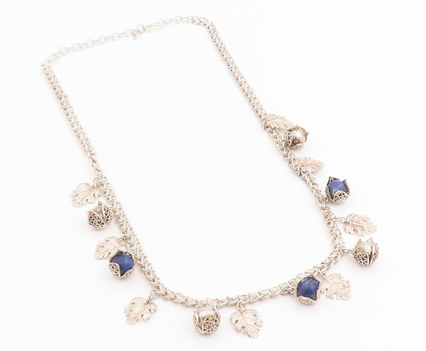 925 Sterling Silver Vintage Necklace Lapis Lazuli Beads Botanical Charm  NE4779