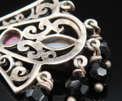 925 Silver  Vintage Mother Of Pearl & Spinel Beads Scroll Earrings  EG11745