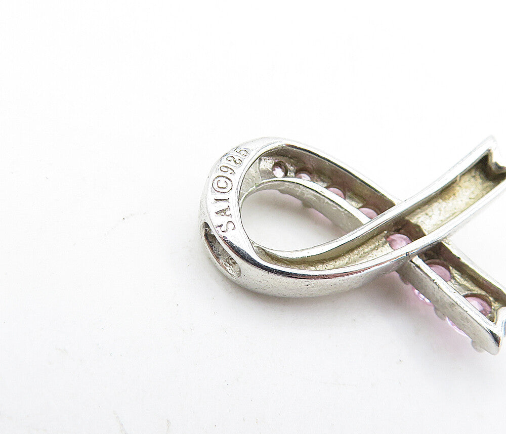 925 Sterling Silver Vintage Pink Topaz Petite Ribbon Motif Pendant PT3289