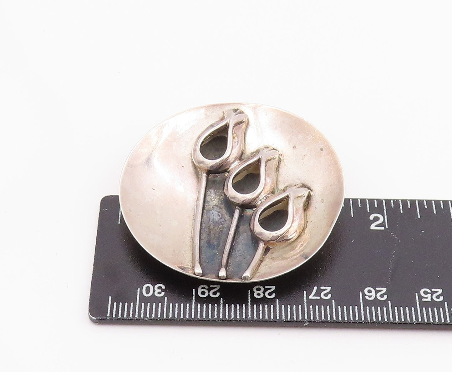 925 Sterling Silver Vintage Brooch Pin Classic Round Triple Tulip Motif  BP12452