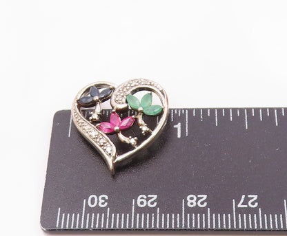 925 Silver  Vintage Sapphire Ruby & Emerald Floral Love Heart Pendant  PT20988