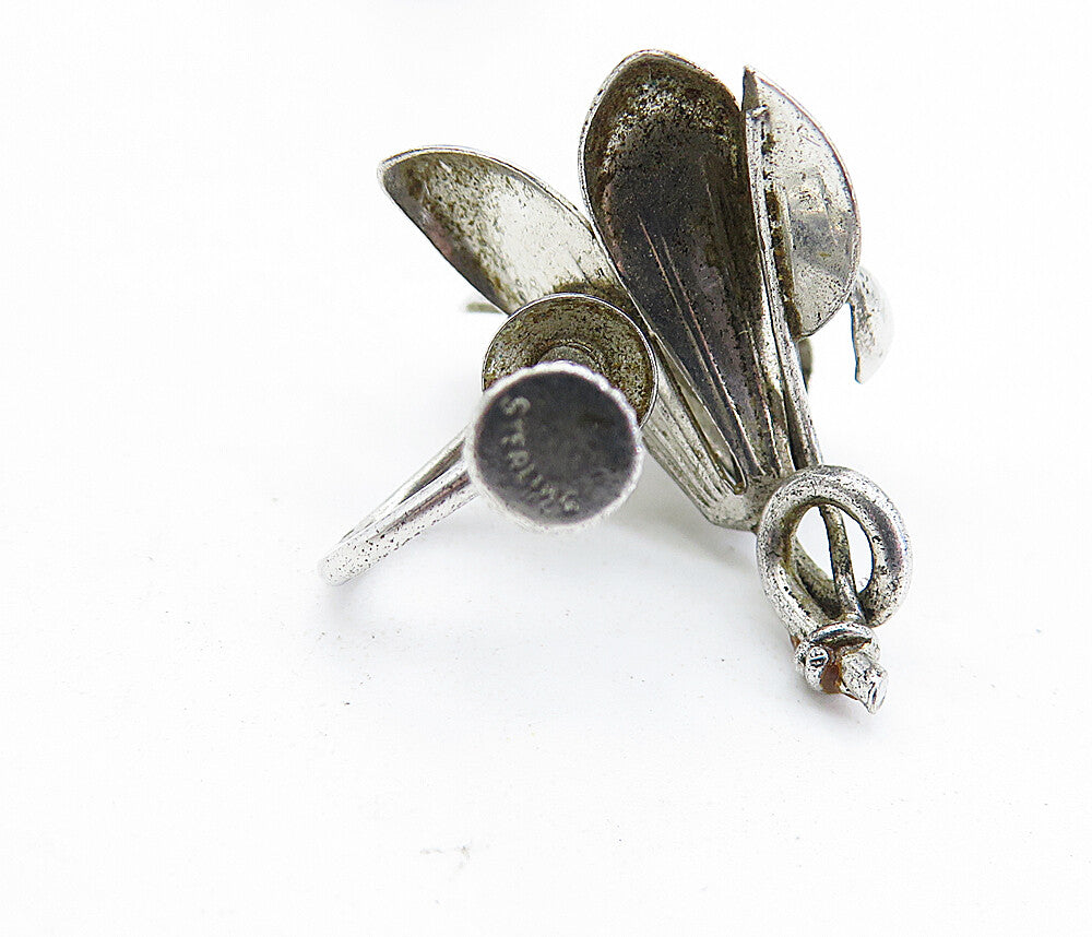 925 Sterling Silver  Vintage Shiny Sculpted Flower Non Pierce Earrings  EG2266