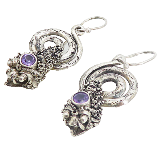 925 Sterling Silver  Vintage Amethyst Spiral Snake Motif Drop Earrings  EG3350