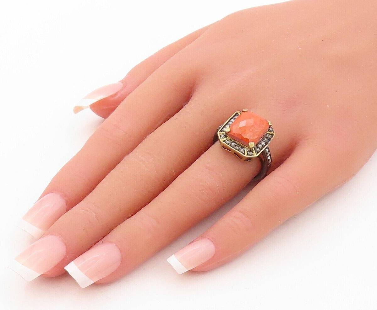 925 Sterling Silver Vintage Ring Square Orange Gemstone & Diamonds Sz 7  RG30180