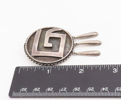 925 Sterling Silver Vintage Brooch Mayan Tribal Round Dangling Pin  BP12250