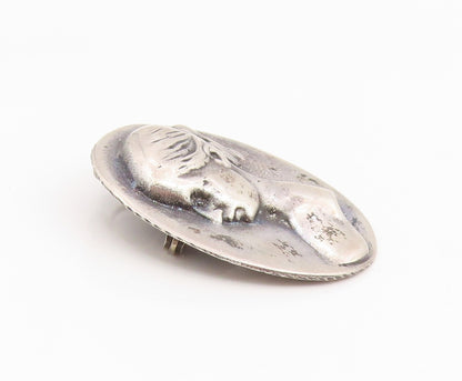 925 Sterling Silver Vintage Brooch Pin Modernist Carved Lady Profile  BP12367