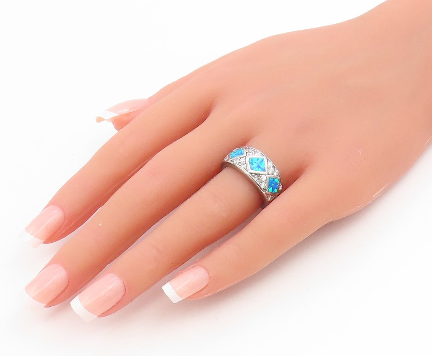 925 Sterling Silver Vintage Ring Fire Opal & CZ Statement Band  Sz 7  RG35023