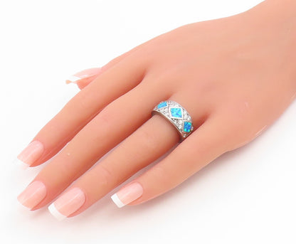 925 Sterling Silver Vintage Ring Fire Opal & CZ Statement Band  Sz 7  RG35023