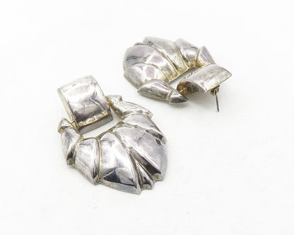 925 Sterling Silver  Vintage Shiny Dark Tone Leaf Hinge Drop Earrings  EG6324